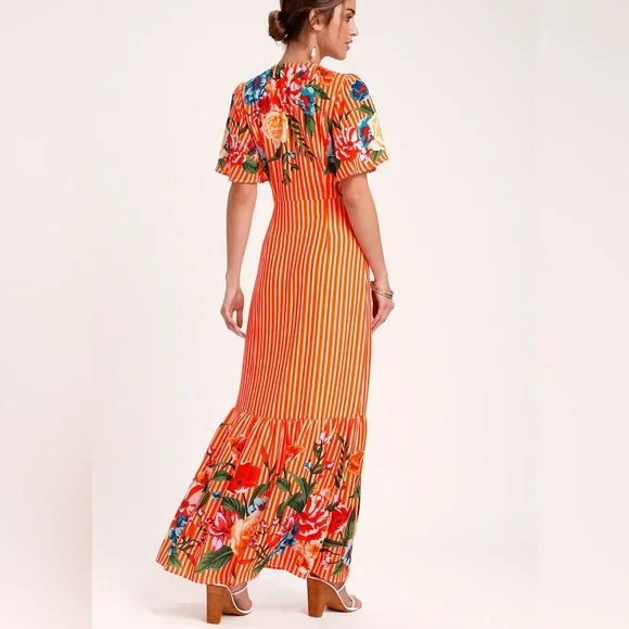 Lulus Roam the Riviera Orange Multi Striped Button-Up Maxi Dress Size XS - Picture 2 of 10